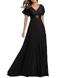 ECDAHICC Damen Abendkleider Gürtel V-Ausschnitt Hohe Taille A-Linie Chiffon Brautjungfernkleid Elegant Lang Ballkleid(BL,2XL)