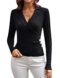 Damen Vintage Solid Farbe Revers Strickpullover Elegant Herbst Langarm Slim Fit Oberteil V-Ausschnitt Pullover Schwarz XL