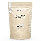 Nutri + Vegan Protein Pulver Vanille 1 kg 81% Eiweiß - 3k Proteinpulver 1000 g - Shake Vanilla Cream Flavor - pflanzliches Eiweißpulver ohne Zucker