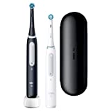 Oral-B iO Series 4 Elektrische Zahnbürste/Electric Toothbrush, Doppelpack & 2 Aufsteckbürsten, 4 Putzmodi für Zahnpflege, Magnet-Technologie, Reiseetui, Designed by Braun, matt black/quite white