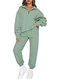 Aleumdr Zweiteiler Damen Lang Trainingsanzug Damen Jogginganzug Set Sweatshirt mit Reißverschluss und Hose Elegant Freizeitanzug Damen Zweiteiler Set Sport Hosenanzug，Grün XL