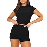 KUKEYIEE Damen-Baumwoll-Top-Shirt + Shorts-Set, 2-teilig, lässig, schmale Passform, bauchfreie Tops, Hemden und Shorts, Lounge-Set, Schwarz 82, 32