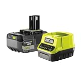 RYOBI 18 V ONE+ Akku-Starterset RC18120-150 (Lithium+ Akkutechnologie: Akku-Ladestandsanzeige, Einzelzellenüberwachung, Überlastschutz, inkl. 1 x 5,0 Ah Akku und Schnellladegerät)