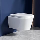 Rainsworth Spülrandlos Wand-WC Tiefspül Toilette - Hänge Toiletten mit effizienter Spültechnik, Kloschüssel inklusive WC-Sitz mit Absenkautomatik und Schnellspanner, Weiß, 48,5 cm lang