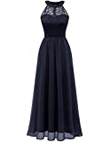 Wedtrend Damen Spitzenkleid Brautjungfer Kleid Lang Chiffon Abendkleid Party Cocktailkleid Neckholder Sommerkleid Marineblau WT0201 Navy L