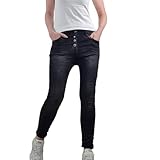 Damen Stretch Jeans, Slim Boyfriend Style, Knopfleiste mit Schmuckknöpfen, tiefsitzende Taschen, Tapered Fit, Größen XS bis XL (DE/NL/SE/PL, Alphanumerisch, M, Regular, Regular, Washed Black)