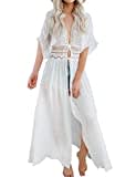 FANCYINN Damen Strandkleid Cover-Ups Vertuschen Strandurlaub Badeanzug Spitze Vorne Binden Pareos Strandkleider Weiß M