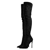 blingqueen Damen Overknee Stiefel Stiletto High Heels Spitze Thigh High Stretch Boots Veloursoptik Schwarz 44 EU