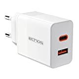 Echos 25W Ladegerät Dual Port USB C USB A Schnellladegerät Power Netzteil PD QC 3.0 Ladegerät Handy für iPhone Samsung Galaxy Ipad Huawei Xiaomi HTC Sony LG und viele mehr (Weiß)