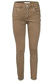 Jewelly Damen Stretch Jeans Five-Pocket im Crash-Look | Boyfriend Hose und sichtbarer Knopfleiste mit Schmuckknöpfen M/38 Camel