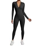 RXRXCOCO Gerippte Langarm Jumpsuits Damen mit Reißverschluss Eng Rundhalsausschnitt Einteiler Bauchweg Sport Yoga Overall Romper Schwarz M