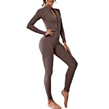 Sfit Damen Sport Jumpsuit Lang Eng Yoga Bodysuit Overall Playsuits mit Reißverschluss V-Ausschnitt Bodycon Strampler Workout Slim Fit Traininganzug(Braun,S)