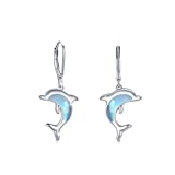 TRISHULA Delfin Ohrringe 925 Sterling Silber Baumel-Ohrringe Hypoallergene Mondstein Hängeohrringe Tier Delfin Schmuck Geschenk für Damen Frauen Mädchen Kinder