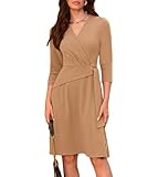 Businesskleid für Damen 3/4 Ärmel Midikleid A-Linie Kleider Unsichtbarer Reißverschluss Herbst Khaki XXL