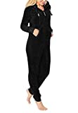 Eight 2 Nine Damen Teddyfleece Jumpsuit mit Kapuze und Öhrchen, Flauschiger Overall mit Daumenlöchern, kuschelig bequemer One-Piece für entspannte Stunden, schwarz, grau, rosa XS-XL black1 S/M