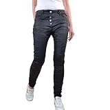 Karostar Damen Stretch Fake Leder Jeans Hose Boyfriend Cut Knöpfe Schwarz