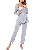 Litherday Stillpyjama Lang Umstandspyjama Langarm Zweifarbiger Baumwolle Stillzeit Nachtwäsche Stillfunktion Pyjama Set mit Elastischen Bundes und Tasche, Hellgrau, M