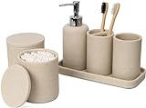 ZCCZ Badezimmer Set – 6 Teile – Badezimmer Organizer mit Zahnbürstenhalter, Seifenspender, Seifenschale, für Kosmetik u. Wattestäbchen – Edle Badezimmer Deko in Marmor-Optik, Sandfarben