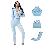 Veriliss Damen 3teiliger Gym Trainingsanzug 2024 Nahtlose Laufbekleidung Fitness Kleidung Jogginganzug Reißverschluss Kapuzen Fitness Jogging Tennis Laufen (Leicht Blau,S)