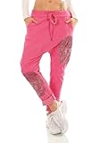 TA Fashion Italy Damen Freizeit Hose Haremshose Harem Jogpants Baggy Boyfriend Schriftzug Zipper 36-40 (Pink-Skull)