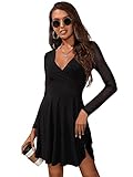 GORGLITTER Damen Netz Ärmel Kleider A Linie Tief V-Ausschnitt Elegant Minikleid Mesh Partykleid Skaterkleid Schwarz L