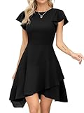 Missufe A Linien Skater Kurz Abendkleid Damen Flatterärmel Cocktailkleid Rundhalsausschnitt Rüschen Partykleid (Schwarz, Mittel)