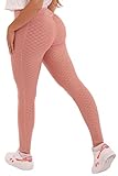 ShoSho TikTok Damen-Leggings, Butt Scrunch, Wabenstruktur, Booty Lift, Anti-Cellulite-Yoga-Leggings, Strumpfhose, Diamantstruktur + Seitentaschen: einfarbig: Rosa, Klein