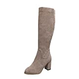 Xmiral Damen Knielange Stiefel Mit Dicker Absatz Retro Elastische Einfarbige Hochhackige Mittelhohe Stiefel Mit Rei遶erschluss (Beige, 40)