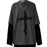 Aobiono Herren Damen Gothic Shirt Y2K Emo Grunge Alt Vintage Langarm Top Tee Dark Academia Harajuku Cross Sweatshirt Kleidung, Grau, Medium