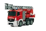 JAMARA 404960 - Feuerwehr Drehleiter 1:20 Mercedes Antos 2,4G - deutsche Sirene mit blauen LED Signallichtern, 420 ml Wasserbehälter, reale Spritzfunktion, programmierbare Funktionen, 4 Radantrieb