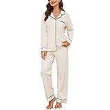 U2SKIIN Schlafanzug Damen lang 100% Baumwolle, Pyjama Damen weiche Pyjamas Set leichte Nachtwäsche Schlafanzüge für Damen Zweiteiler Pyjama Set Damen (Beige, M)