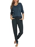 Vlazom Damen Schlafanzug Lang Zweiteiliger Schlafanzug Winter Pyjama Set V-Ausschnitt Langarm Pyjama Set(M,Grün)