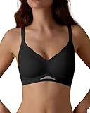 SHARICCA Damen BH Ohne Bügel Bequemer Nahtloser BHS T-Shirts Push Up V-Ausschnitt Weicher Gepolstert Bustier Seamless Bra mit Verstellbaren Trägern(Schwarz-1P01-S)