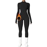 OEAK Damen Sport Jumpsuit Lang Eng Yoga Overall Langarm Rollkragen Playsuits mit Rei?verschluss Nahtloser Fleece gefüttert Bodysuit Einteiler Romper(Schwarz，S)