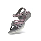 GRITION Frauen Wandern Sandalen, Damen Outdoor Sport Wasser Schuhe Sommer Flach Cross-Tied Beach Sandalen Open Toe Verstellbare klettverschluss Walking Schuhe Schwarz (EU 40, Grau/Pink)