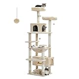 PAWZ Road Großer Katzenbaum, 184 cm Katzenturm für große Katzen, Katzenhaus mit Sisalüberzogenen Kratzbäumen und Pads, 2 gepolsterte Sitzstangen, Doppelkabinen und Korb für Indoor-Katzen, Beige