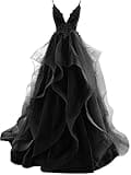 HUINI Ballkleider Damen Tüll Abschlussballkleid A-Linie Prinzessin Abendkleid Spaghettiträger Hochzeitskleid Schwarz 34