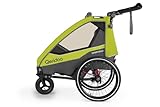 Qeridoo Fahrradanhänger Sportrex 2 Limited Edition Lime Green, faltbar, mit 360 Grad drehbaren, luftgefüllten Buggyrad und patentierten Kopfprotektoren, für 2 Kinder