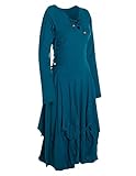 Vishes - Alternative Bekleidung- Langes Langarm Damen Kleid Ballonkleid Bio-Baumwolle Einfarbig mit Schnürung V-Ausschnitt türkis 44-46