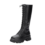 Schwarze Stiefel für Damen, Schnürstiefel, elegant, Winterstiefel für Damen, tragbar, bequem, klobige Stiefel, breite Wade, Gummistiefel für Damen, schwarze Stiefeletten, Damen-Wanderschuhe, Größe 38,