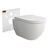 Alpenberger Hänge WC mit Bidet Funktion | Dusch WC Kloschüssel mit Softclose WC-Sitze | Keramik Toilette Spülrandlos mit Armatur | Wand WC Set mit Schallschutz | Passend Geberit