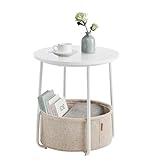 VASAGLE Beistelltisch rund, Kleiner Tisch, Couchtisch klein, Wohnzimmertisch, Korb aus Stoff, Stauraum für Wohnzimmer Schlafzimmer, Nachttisch modern, mattweiß-Kamelbraun LET223W10