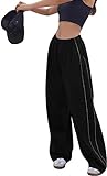 Odizli Cargohose Damen Baggy High Waist Vintage Y2K 2000er Cargo Fallschirm Hose Parachute Track Pants Frauen Freizeithose Fallschirmhose Jogginghose Trackpants Streetwear mit Taschen Schwarz S