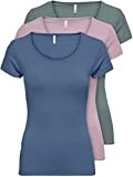 ONLY 3er Pack Damen, schwarz oder weiß Kurzarm lang Basic Sommer T-Shirts XS S M L XL 15209153 (Farb Mix 5, M)