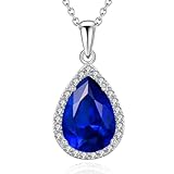 VONSSY Damenkette Edelstein Anhänger Halskette | Oval Teardrop Birne Kristall Rubin Smaragd Saphir Birthstone Halskette | Platin-Silber-Schmuckgeschenk (Saphir Blau)