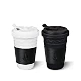 KPM Berlin KURLAND To-Go Becher Duo-Set 2tlg, mit Ledermanschetten, Porzellan, Kaffeebecher 14 cm, handmade, schwarz/weiß in Geschenkkarton