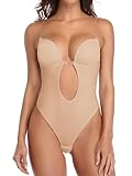 SHAPERIN Damen Rückenfreier Bodysuit Tiefer V-Ausschnitt Body Shaper Bauchweg Formender Body String Shapewear mit Push Up BH, Nude, M