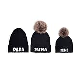 Kunyeah 3Pcs Eltern-Kind Beanie Hut Mama Papa Baby Matching Hüte Winter warme Mütze mit Bommel Frauen Männer gestrickte Mütze (DE/NL/SE/PL, Alphanumerisch, Einheitsgröße, Schwarz)