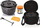 Petromax Feuertopf Starterset FT4.5-t (Dutch Oven Planer Boden) inkl. Deckelheber + Tasche + Pflegepaste + Schaber