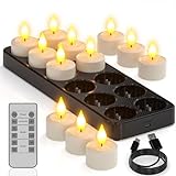 Yme Aufladbare Teelichter mit Timerfunktion und Ladestation, 12er LED Teelichter Wiederaufladbar Kerzen Flackernd mit Fernbedienung Timer für Zimmer Wohnzimmer Halloween Weihnachten Tisch Party Deko